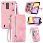 For ZTE Blade A32 Embossed Flower Zipper Leather Phone Case(Pink) - 1