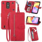 For ZTE Blade A32 Embossed Flower Zipper Leather Phone Case(Red) - 1