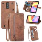 For ZTE Blade A32 Embossed Flower Zipper Leather Phone Case(Brown) - 1