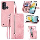 For ZTE Blade A53 Embossed Flower Zipper Leather Phone Case(Pink) - 1