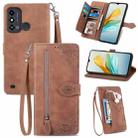 For ZTE Blade A53 Embossed Flower Zipper Leather Phone Case(Brown) - 1