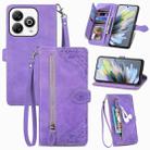 For ZTE Blade A75 4G Embossed Flower Zipper Leather Phone Case(Purple) - 1