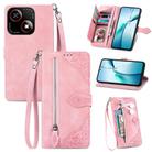 For ZTE Blade A35e 4G Embossed Flower Zipper Leather Phone Case(Pink) - 1