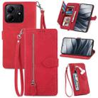 For Xiaomi Redmi Note 14 5G Embossed Flower Zipper Leather Phone Case(Red) - 1
