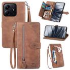 For Xiaomi Redmi Note 14 5G Embossed Flower Zipper Leather Phone Case(Brown) - 1