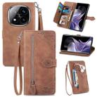 For Xiaomi Redmi Note 14 Pro+ 5G Embossed Flower Zipper Leather Phone Case(Brown) - 1