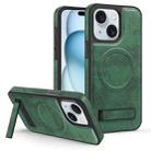 For iPhone 15 Multi-function Holder MagSafe PU Phone Case(Dark Green) - 1