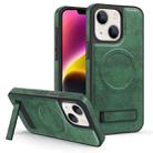 For iPhone 14 Plus Multi-function Holder MagSafe PU Phone Case(Dark Green) - 1