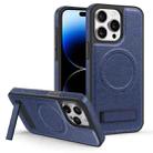 For iPhone 14 Pro Multi-function Holder MagSafe PU Phone Case(Blue) - 1