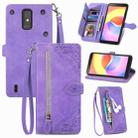 For ZTE Blade A32 Embossed Flower Zipper Leather Phone Case(Purple) - 1