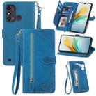 For ZTE Blade A53 Embossed Flower Zipper Leather Phone Case(Blue) - 1