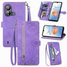 For ZTE Blade L220 Embossed Flower Zipper Leather Phone Case(Purple) - 1