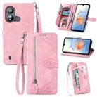 For ZTE Blade L220 Embossed Flower Zipper Leather Phone Case(Pink) - 1