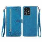 For ZTE Blade A73 4G Embossed Flower Zipper Leather Phone Case(Blue) - 1