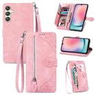For Samsung Galaxy A25 5G Embossed Flower Zipper Leather Phone Case(Pink) - 1