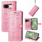 For Google Pixel 7a Cat and Dog Embossed Leather Phone Case(Pink) - 1