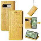 For Google Pixel 7 Cat and Dog Embossed Leather Phone Case(Yellow) - 1