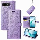 For Google Pixel 9a Cat and Dog Embossed Leather Phone Case(Purple) - 1