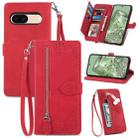 For Google Pixel 7a Embossed Flower Zipper Leather Phone Case(Red) - 1