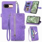 For Google Pixel 7a Embossed Flower Zipper Leather Phone Case(Purple) - 1