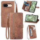 For Google Pixel 7a Embossed Flower Zipper Leather Phone Case(Brown) - 1