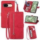 For Google Pixel 7 Embossed Flower Zipper Leather Phone Case(Red) - 1