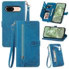 For Google Pixel 7 Embossed Flower Zipper Leather Phone Case(Blue) - 1