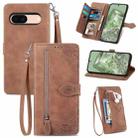 For Google Pixel 7 Embossed Flower Zipper Leather Phone Case(Brown) - 1