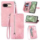 For Google Pixel 5a Embossed Flower Zipper Leather Phone Case(Pink) - 1