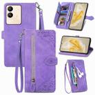 For vivo V29e/ Y200 Embossed Flower Zipper Leather Phone Case(Purple) - 1