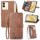 For vivo V29e/ Y200 Embossed Flower Zipper Leather Phone Case(Brown) - 1