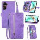 For vivo Y37 Embossed Flower Zipper Leather Phone Case(Purple) - 1