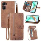 For vivo Y37 Embossed Flower Zipper Leather Phone Case(Brown) - 1