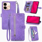 For vivo Y37 Pro Embossed Flower Zipper Leather Phone Case(Purple) - 1