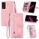 For T-Mobile REVVL V+ 5G Embossed Flower Zipper Leather Phone Case(Pink) - 1