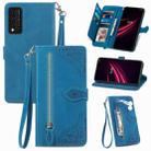 For T-Mobile REVVL V+ 5G Embossed Flower Zipper Leather Phone Case(Blue) - 1