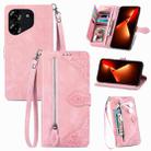 For Tecno Pova 5 4G  Embossed Flower Zipper Leather Phone Case(Pink) - 1