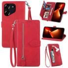 For Tecno Pova 5 4G  Embossed Flower Zipper Leather Phone Case(Red) - 1