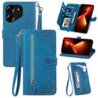 For Tecno Pova 5 4G  Embossed Flower Zipper Leather Phone Case(Blue) - 1