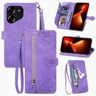 For Tecno Pova 5 4G  Embossed Flower Zipper Leather Phone Case(Purple) - 1