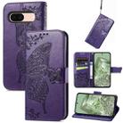 For Google Pixel 8a Butterfly Love Flower Embossed Leather Phone Case(Purple) - 1