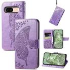 For Google Pixel 8a Butterfly Love Flower Embossed Leather Phone Case(Lavender) - 1