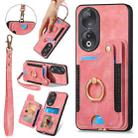 For Honor 90 Retro Skin-feel Ring Multi-card RFID Wallet Phone Case(Pink) - 1