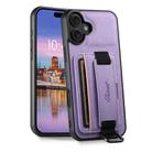 For iPhone 16 Suteni H13 Litchi Leather Wrist Strap Wallet Back Phone Case(Purple) - 1