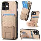 For iPhone 12 Carbon Fiber Card Bag Fold Stand Phone Case(Khaki) - 1