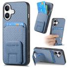 For iPhone 16 Plus Carbon Fiber Card Bag Fold Stand Phone Case(Blue) - 1