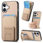 For iPhone 16 Plus Carbon Fiber Card Bag Fold Stand Phone Case(Khaki) - 1