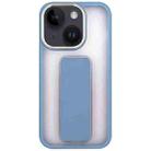 For iPhone 14 Plus Skin-Feel Plating Wrist Strap Stand Phone Case(Blue) - 1