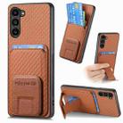 For Samsung Galaxy S21 5G Carbon Fiber Card Bag Fold Stand Phone Case(Brown) - 1