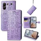 For ZTE Blade A54 Cat and Dog Embossed Leather Phone Case(Purple) - 1